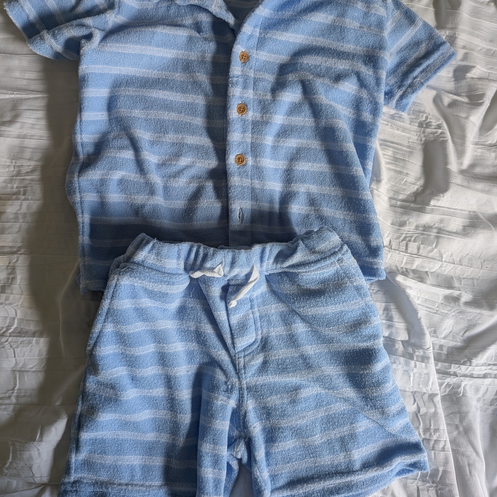 Blue Striped Button-Up Shirt and Shorts Set
